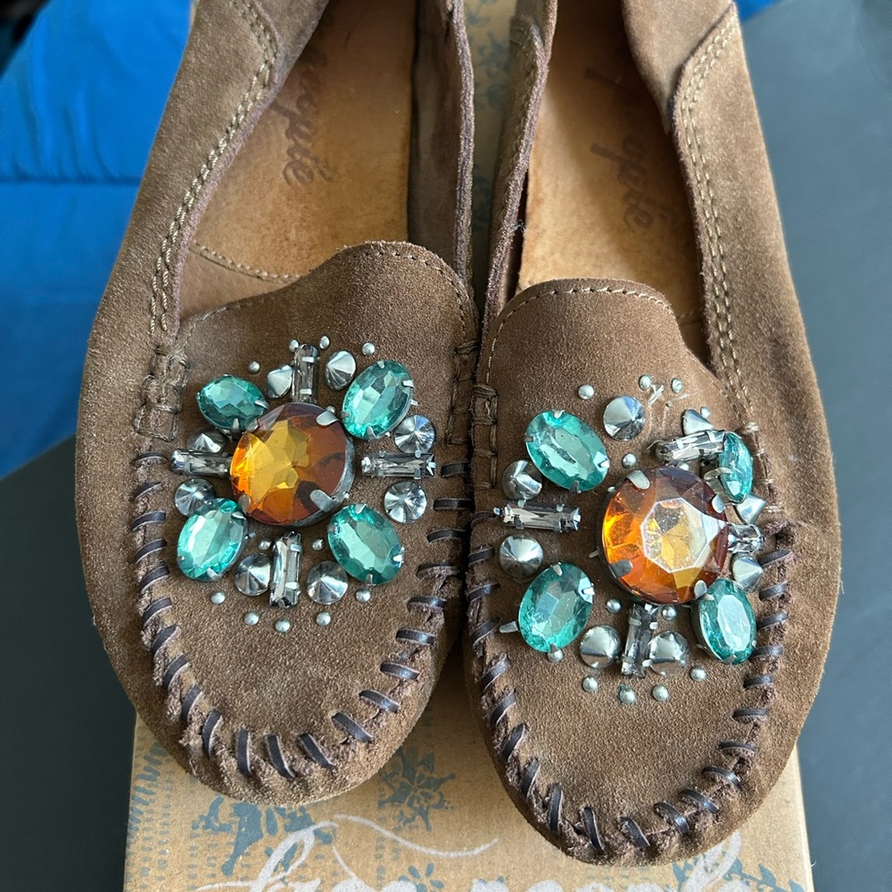Free People Brown Suede Moccasins with Gem Embellishments